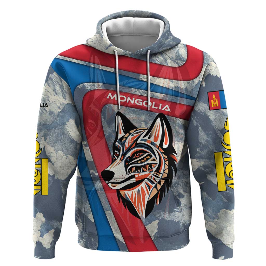 Mongolia Hoodie with Tribal Wolf Clouds Red Blue Flag Spirit TS04
