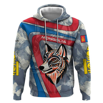 Mongolia Hoodie with Tribal Wolf Clouds Red Blue Flag Spirit TS04