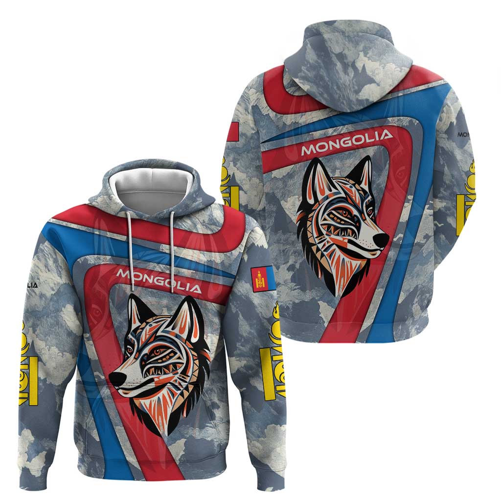 Mongolia Hoodie with Tribal Wolf Clouds Red Blue Flag Spirit TS04