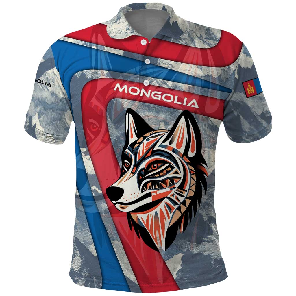 Mongolia Polo Shirt with Tribal Wolf Clouds Red Blue Flag Spirit TS04