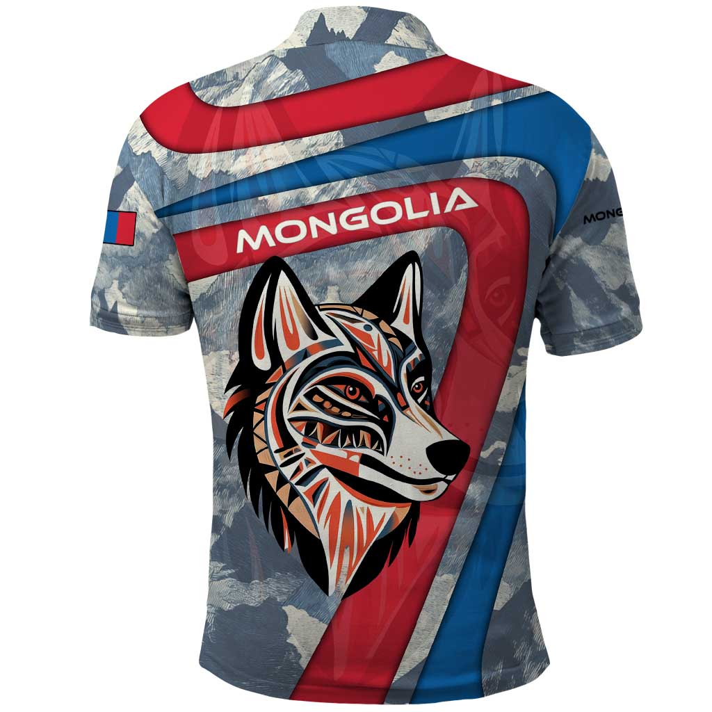 Mongolia Polo Shirt with Tribal Wolf Clouds Red Blue Flag Spirit TS04