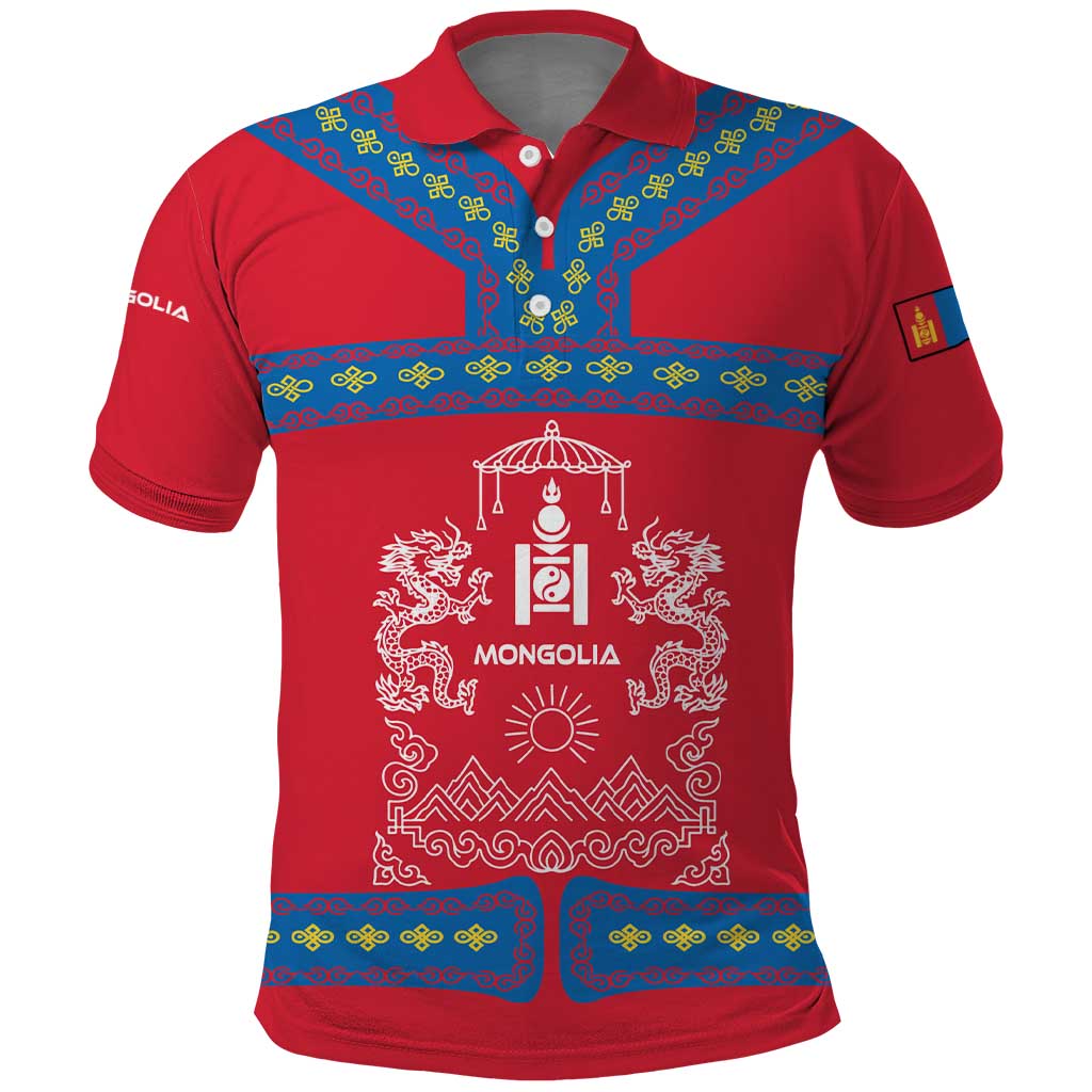 Mongolia Polo Shirt with Soyombo Dragon Sun Red Blue Tradition Spirit TS04