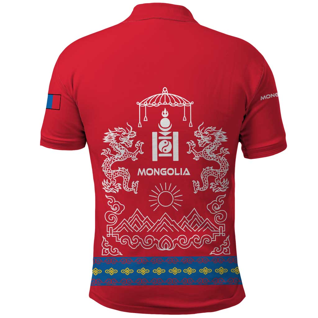 Mongolia Polo Shirt with Soyombo Dragon Sun Red Blue Tradition Spirit TS04
