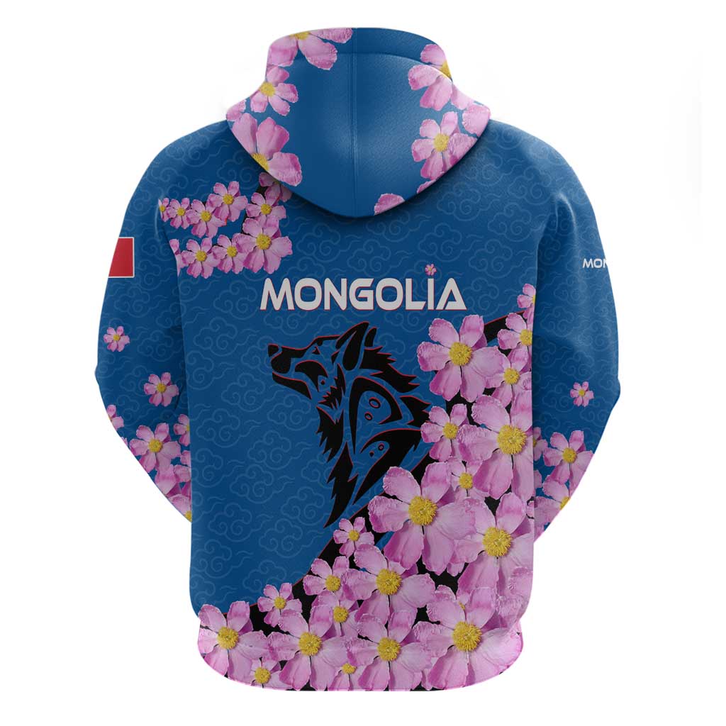 Mongolia Hoodie with Floral Wolf Pink Blossom Blue Sky Spirit TS04