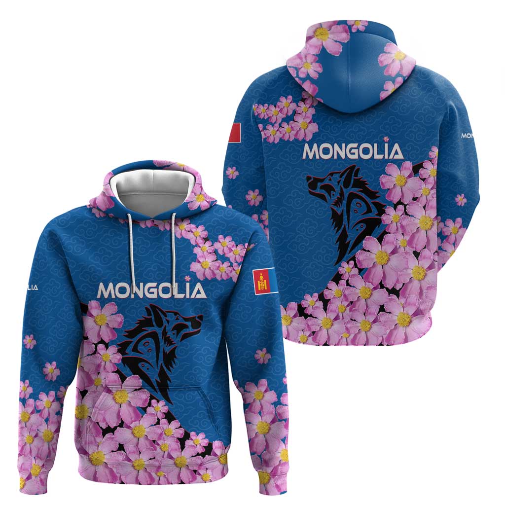 Mongolia Hoodie with Floral Wolf Pink Blossom Blue Sky Spirit TS04