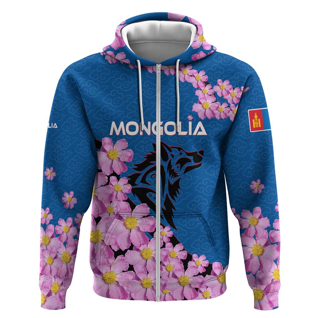 Mongolia Hoodie with Floral Wolf Pink Blossom Blue Sky Spirit TS04