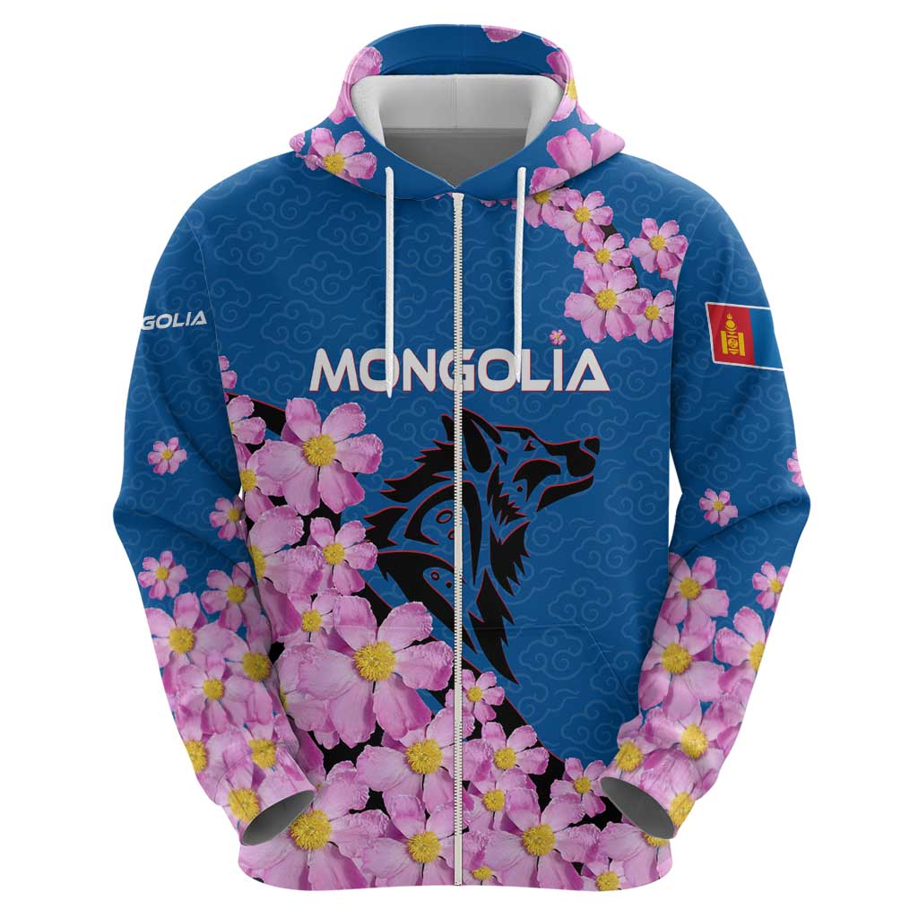 Mongolia Hoodie with Floral Wolf Pink Blossom Blue Sky Spirit TS04