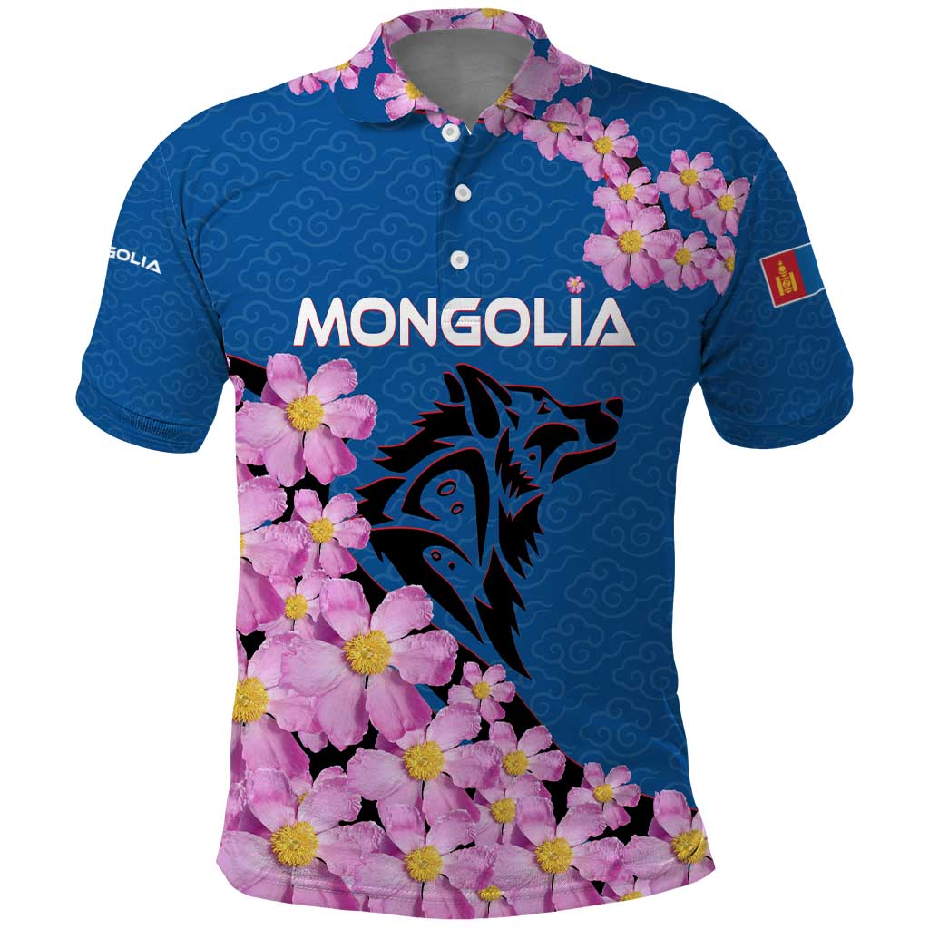 Mongolia Polo Shirt with Floral Wolf Pink Blossom Blue Sky Spirit TS04