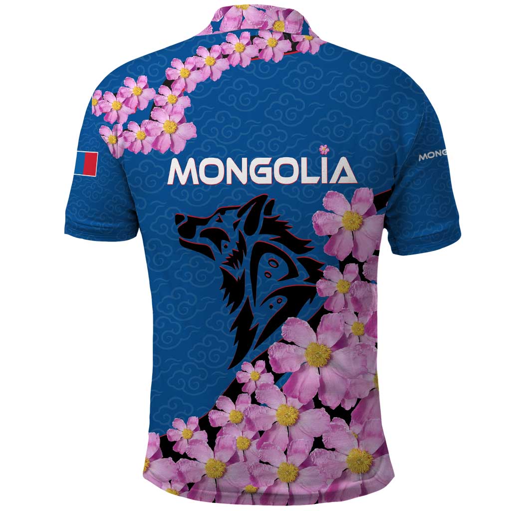 Mongolia Polo Shirt with Floral Wolf Pink Blossom Blue Sky Spirit TS04