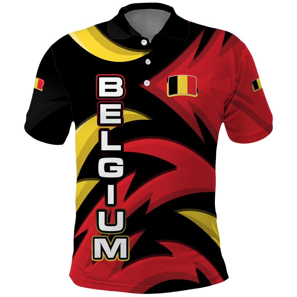 Belgium Polo Shirt with Black Red Lion Crest Flag Flame Spirit TS04