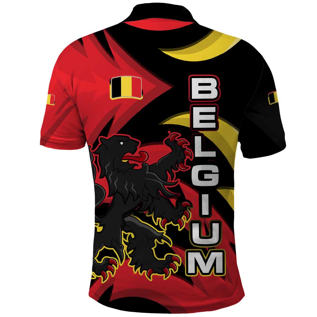 Belgium Polo Shirt with Black Red Lion Crest Flag Flame Spirit TS04