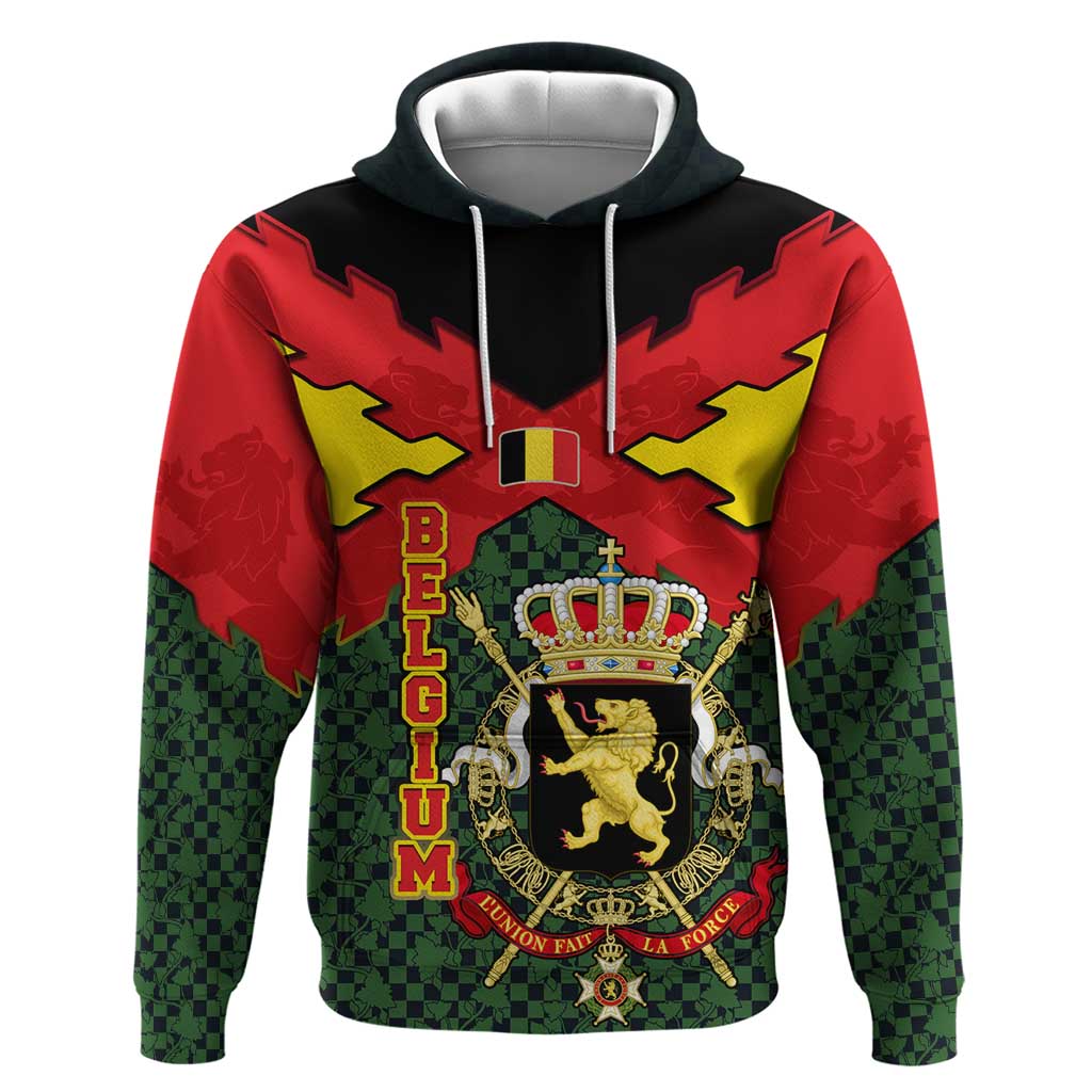 Belgium Hoodie with Royal Coat of Arms Crown Lion Red Green Checker Spirit TS04
