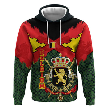 Belgium Hoodie with Royal Coat of Arms Crown Lion Red Green Checker Spirit TS04