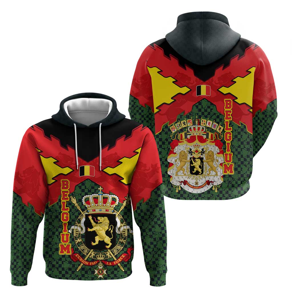 Belgium Hoodie with Royal Coat of Arms Crown Lion Red Green Checker Spirit TS04