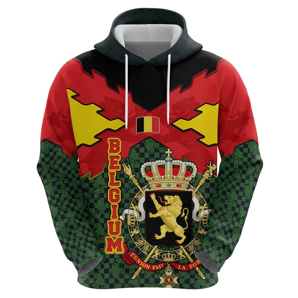 Belgium Hoodie with Royal Coat of Arms Crown Lion Red Green Checker Spirit TS04