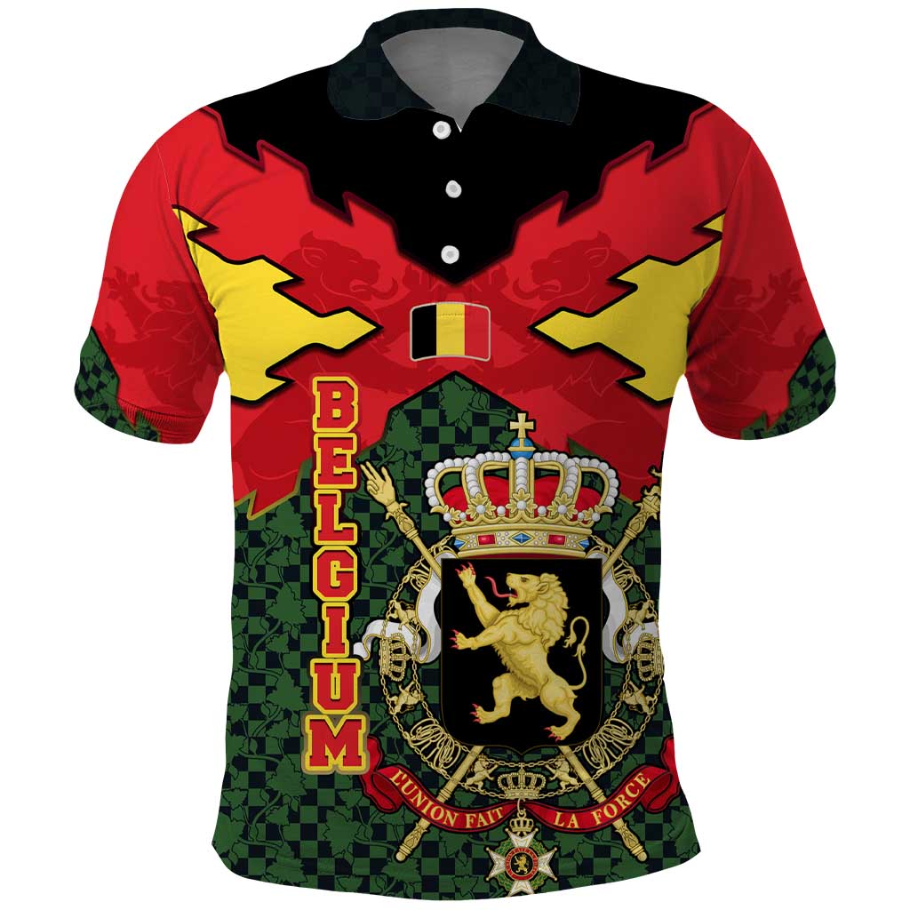 Belgium Polo Shirt with Royal Coat of Arms Crown Lion Red Green Checker Spirit TS04