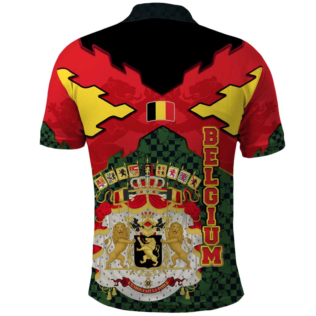 Belgium Polo Shirt with Royal Coat of Arms Crown Lion Red Green Checker Spirit TS04