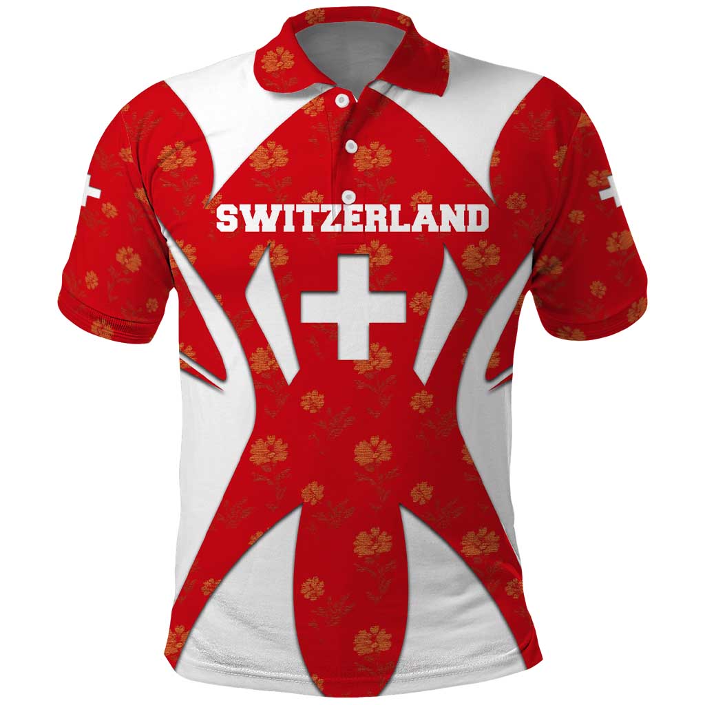 Switzerland Flag Polo Shirt with Floral Pattern Red and White Sportswear TS04