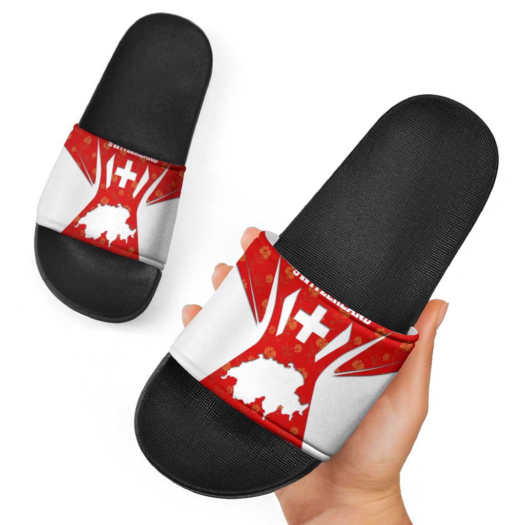 Switzerland Flag Slide Sandals with Floral Pattern Red and White Sportswear TS04