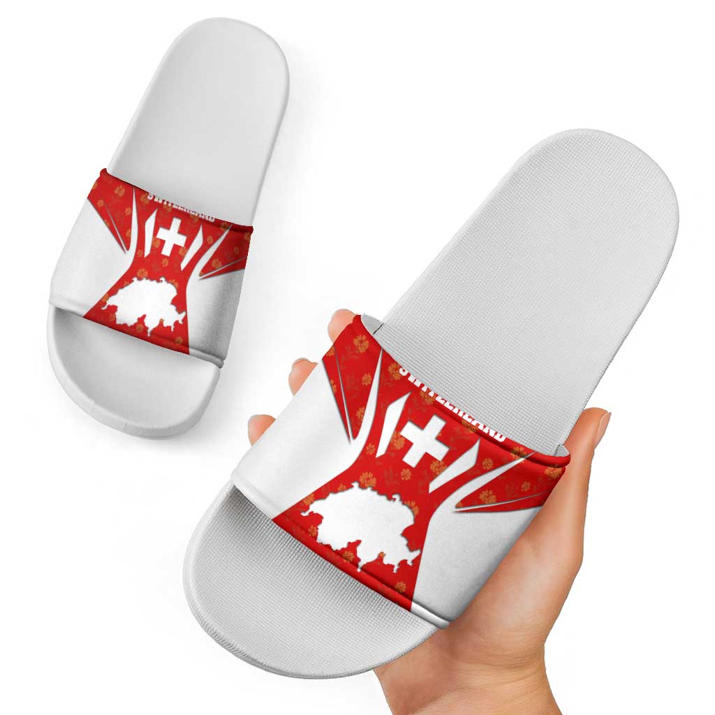 Switzerland Flag Slide Sandals with Floral Pattern Red and White Sportswear TS04