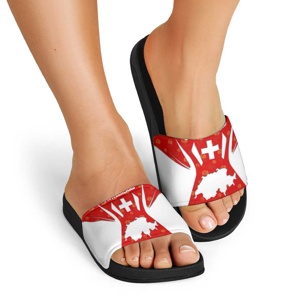 Switzerland Flag Slide Sandals with Floral Pattern Red and White Sportswear TS04