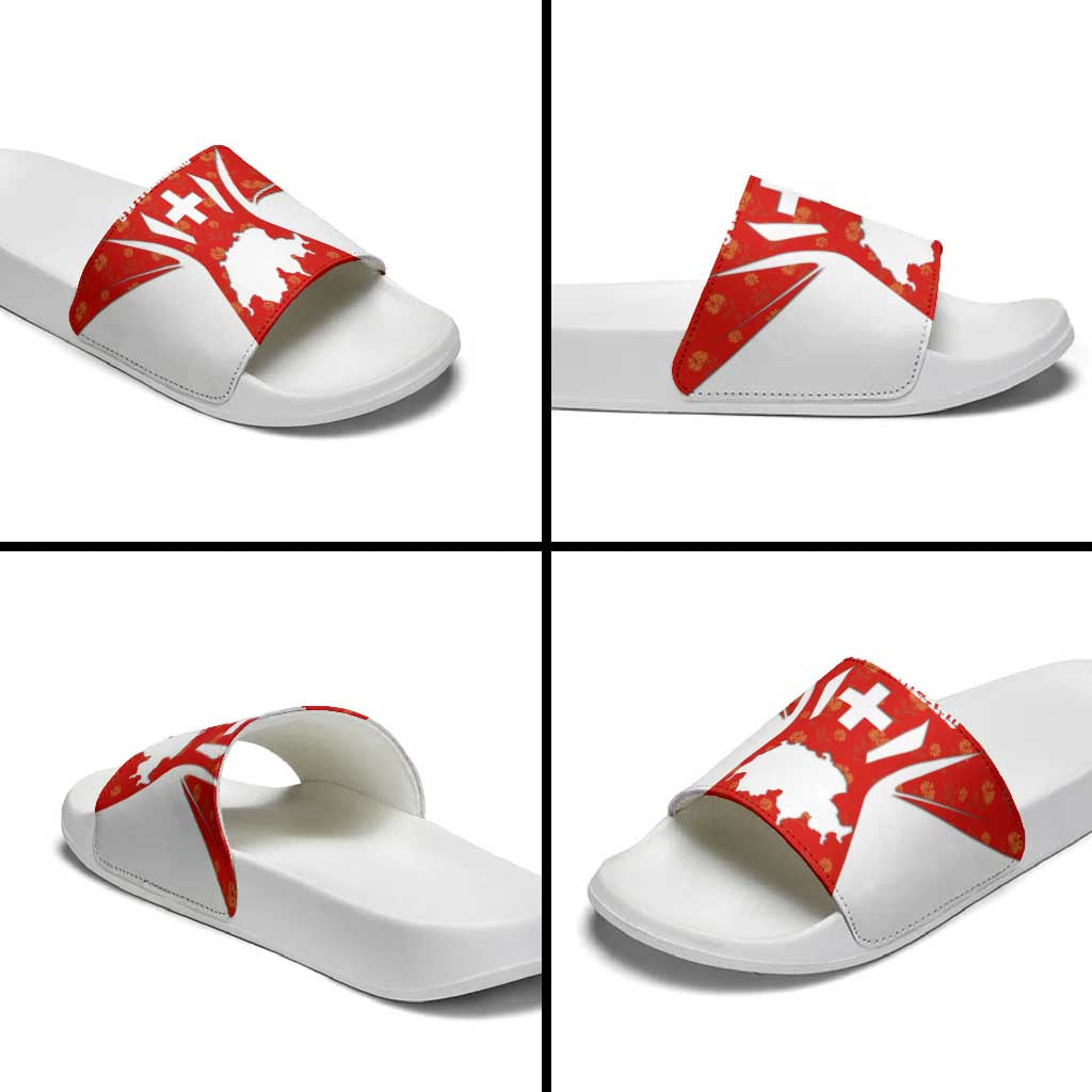 Switzerland Flag Slide Sandals with Floral Pattern Red and White Sportswear TS04
