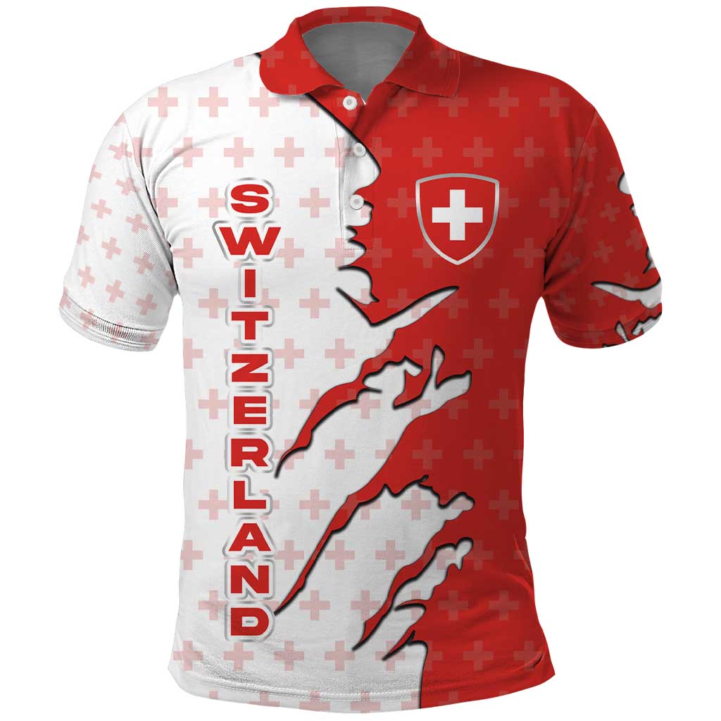 Switzerland Map Scratch Claw Swiss Flag Polo Shirt with Vertical Text TS04