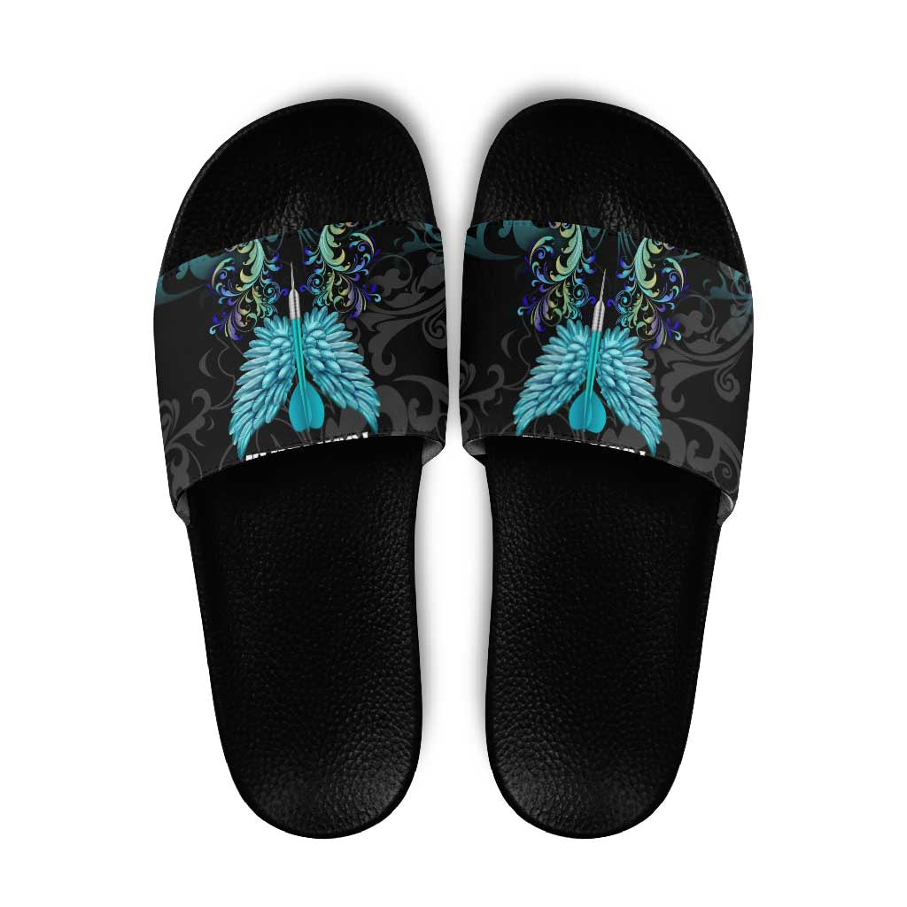 Personalized Elegant Wings and Dartboard Design Slide Sandals with Swirling Floral Patterns TS04