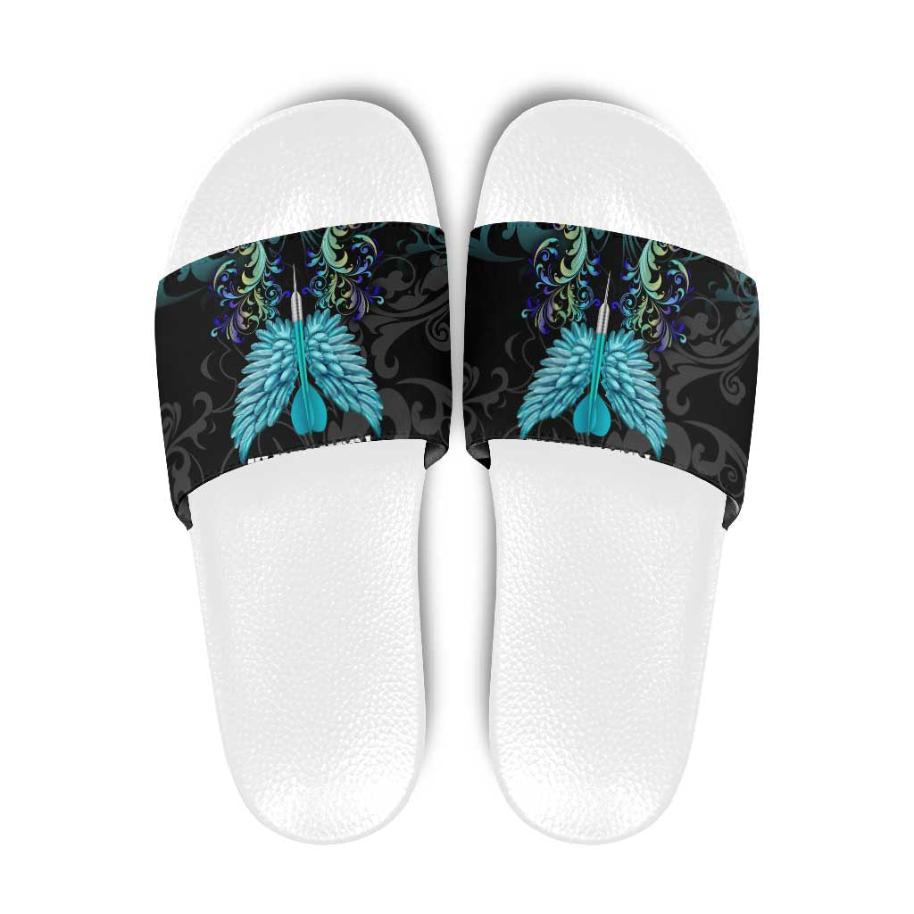 Personalized Elegant Wings and Dartboard Design Slide Sandals with Swirling Floral Patterns TS04