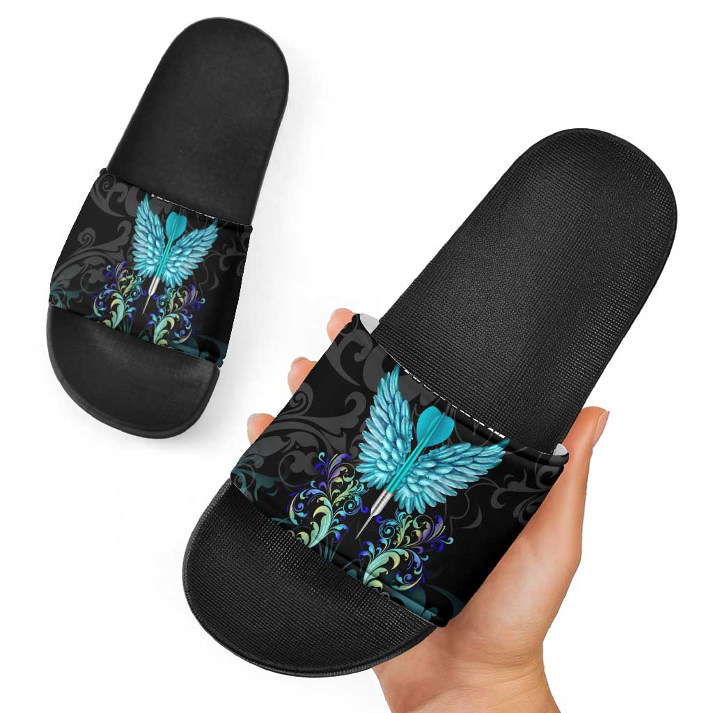 Personalized Elegant Wings and Dartboard Design Slide Sandals with Swirling Floral Patterns TS04