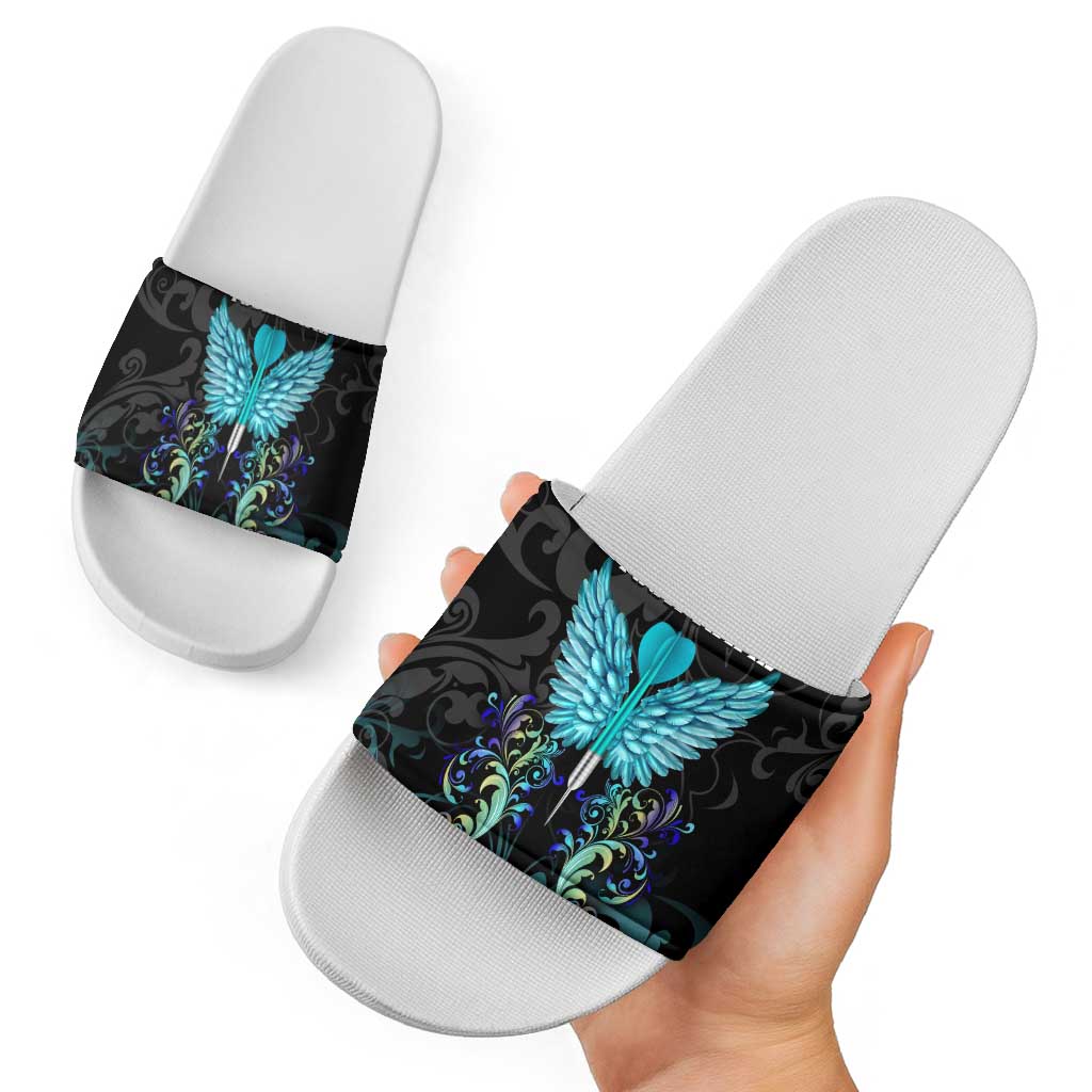 Personalized Elegant Wings and Dartboard Design Slide Sandals with Swirling Floral Patterns TS04