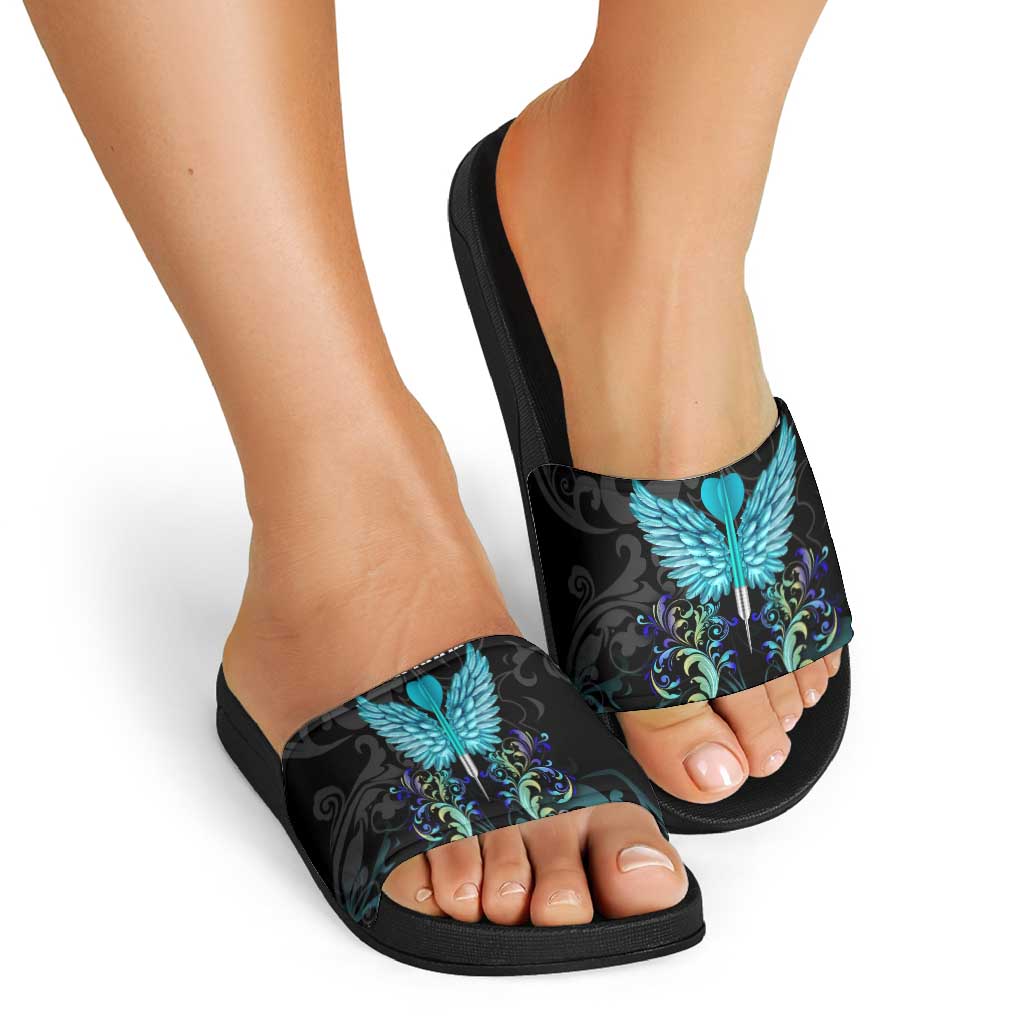 Personalized Elegant Wings and Dartboard Design Slide Sandals with Swirling Floral Patterns TS04