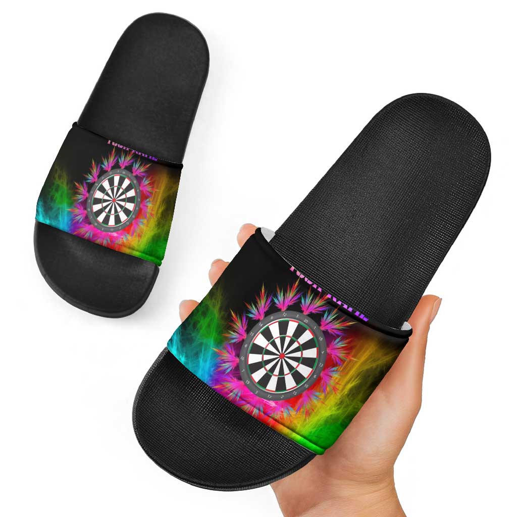 Personalized Colorful Neon Darts Slide Sandals with Bold Abstract Background TS04