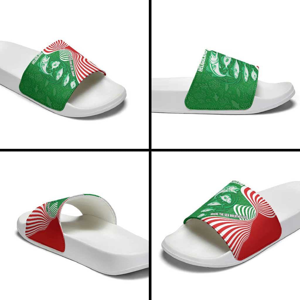 Germany Heligoland Slide Sandals with Fish Illustration and Red Green Wave TS04