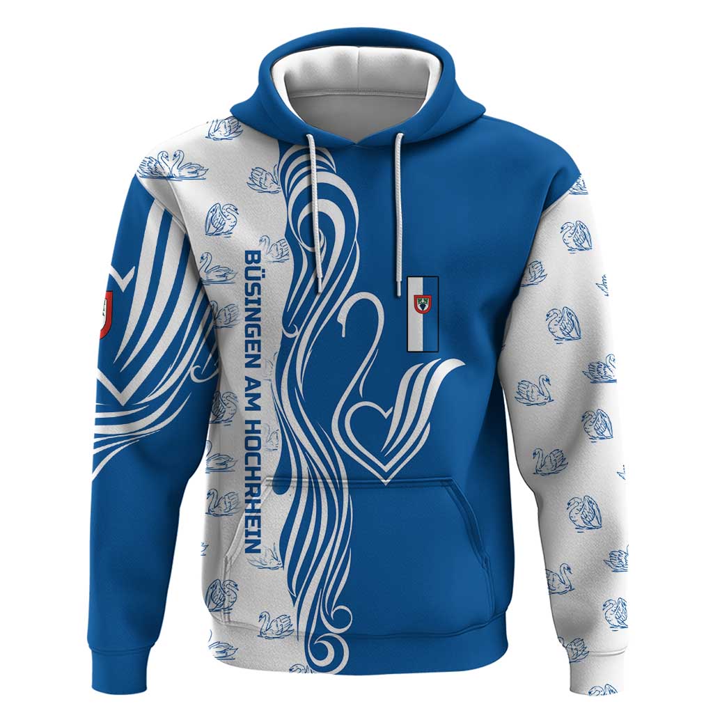 Busingen am Hochrhein Germany Hoodie with Swan Pattern and Blue White Heart Design TS04