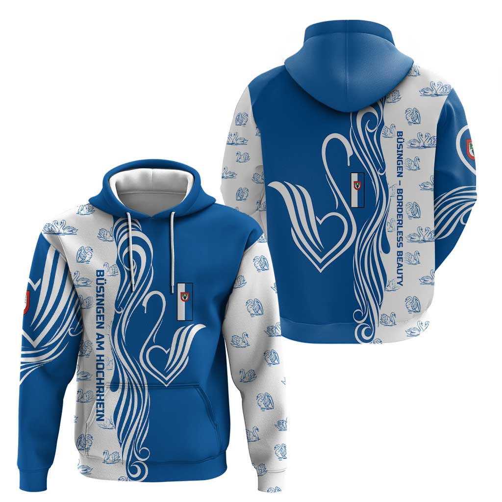 Busingen am Hochrhein Germany Hoodie with Swan Pattern and Blue White Heart Design TS04