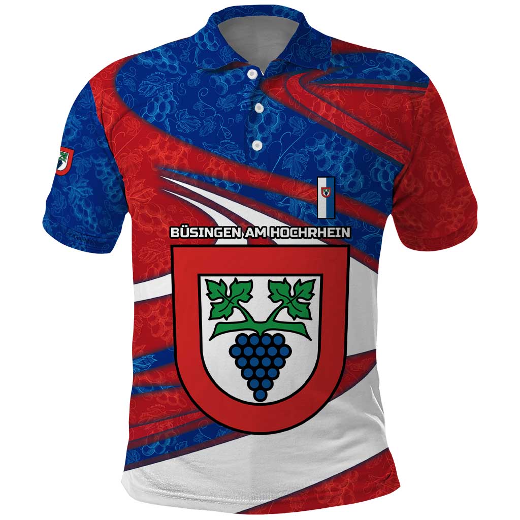 Busingen am Hochrhein Germany Polo Shirt with Grape Crest Design and Red Blue Wine Theme TS04