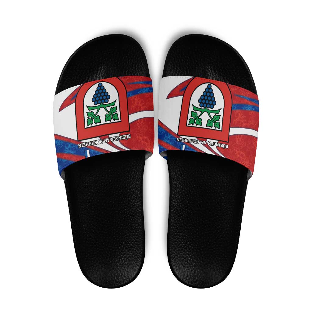 Busingen am Hochrhein Germany Slide Sandals with Grape Crest Design and Red Blue Wine Theme TS04