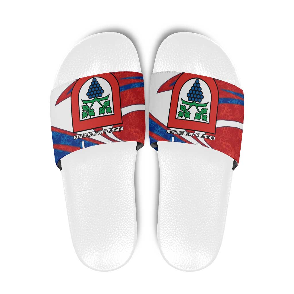 Busingen am Hochrhein Germany Slide Sandals with Grape Crest Design and Red Blue Wine Theme TS04