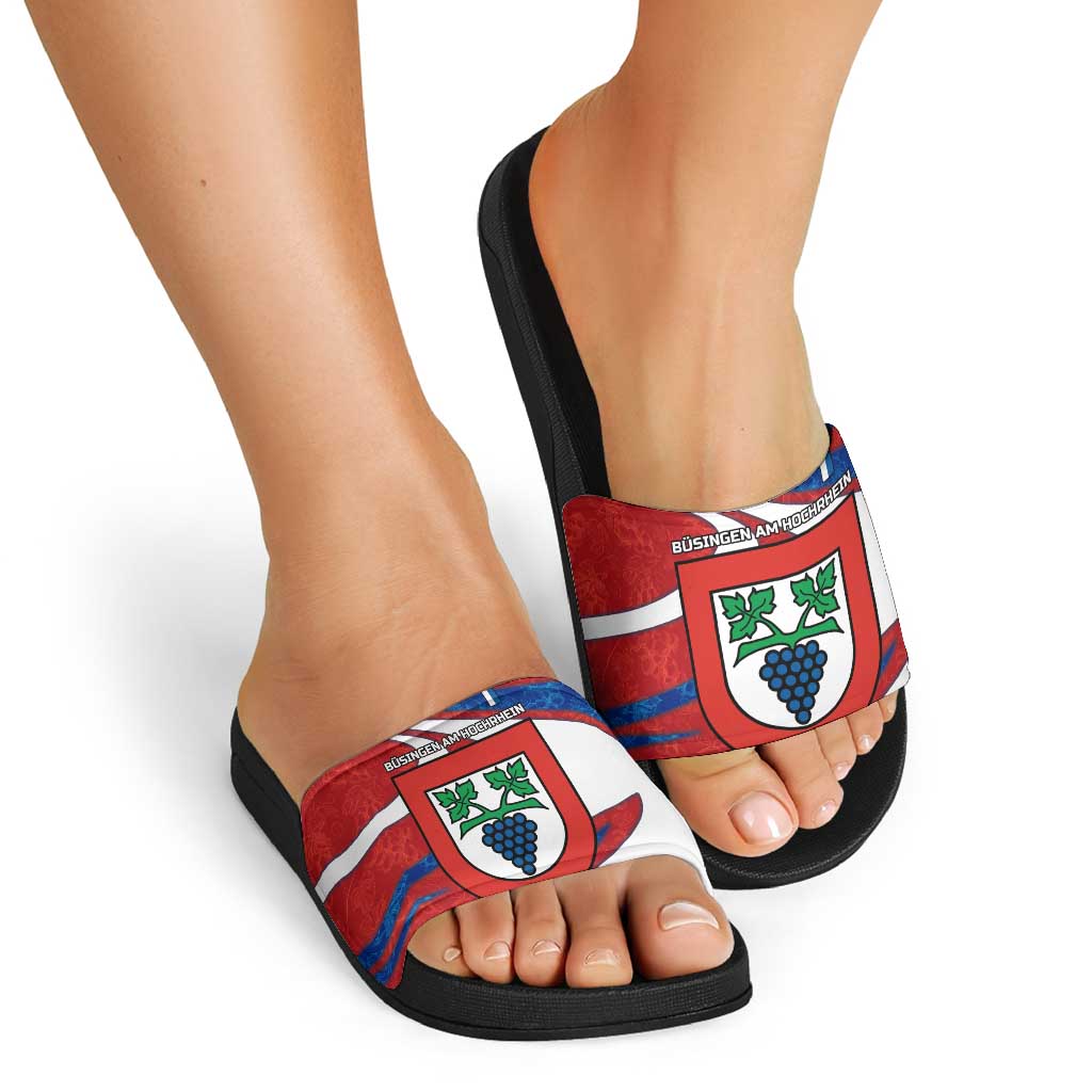 Busingen am Hochrhein Germany Slide Sandals with Grape Crest Design and Red Blue Wine Theme TS04