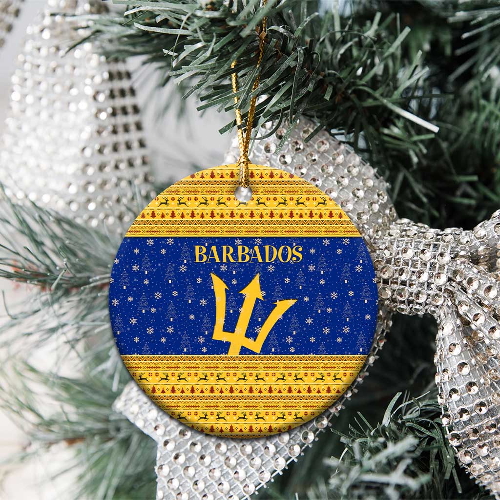 Barbados Christmas Ceramic Ornament with Blue Yellow Xmas Trident Santa and Reindeer TS04