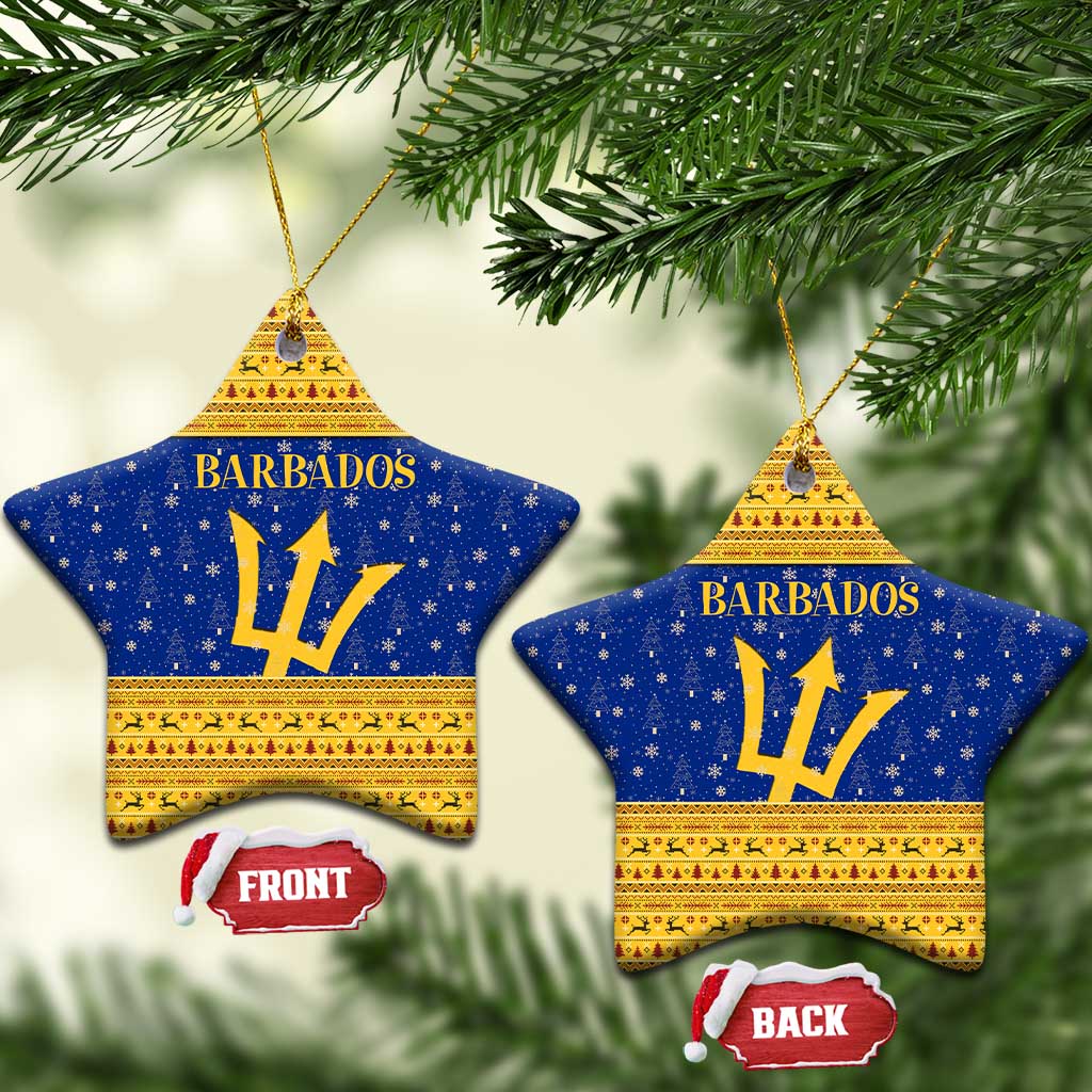 Barbados Christmas Ceramic Ornament with Blue Yellow Xmas Trident Santa and Reindeer TS04