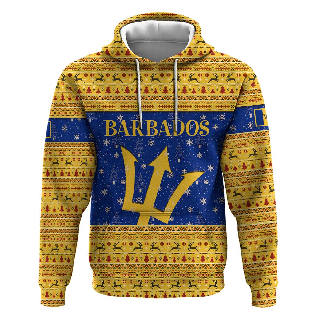 Barbados Christmas Hoodie with Blue Yellow Xmas Trident Santa and Reindeer TS04