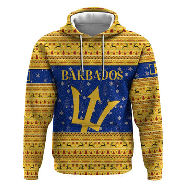 Barbados Christmas Hoodie with Blue Yellow Xmas Trident Santa and Reindeer TS04
