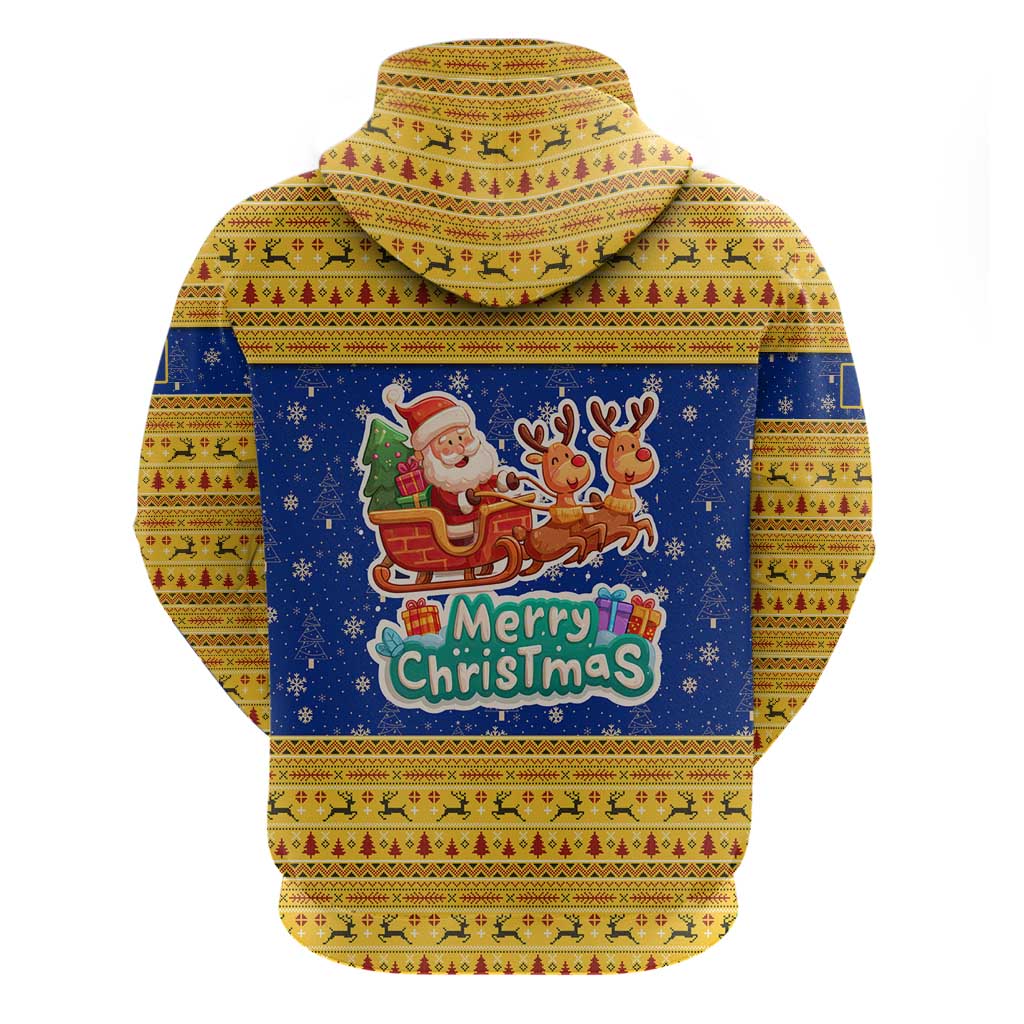 Barbados Christmas Hoodie with Blue Yellow Xmas Trident Santa and Reindeer TS04