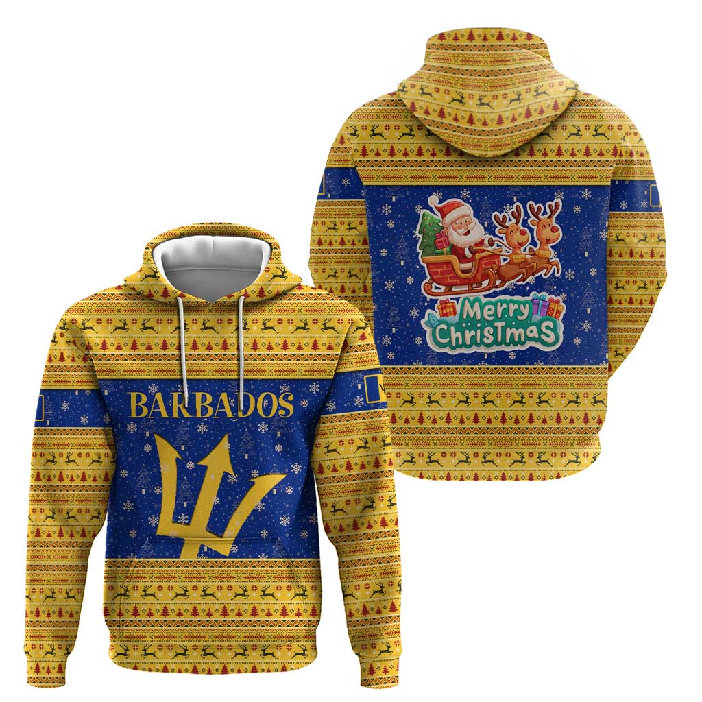 Barbados Christmas Hoodie with Blue Yellow Xmas Trident Santa and Reindeer TS04