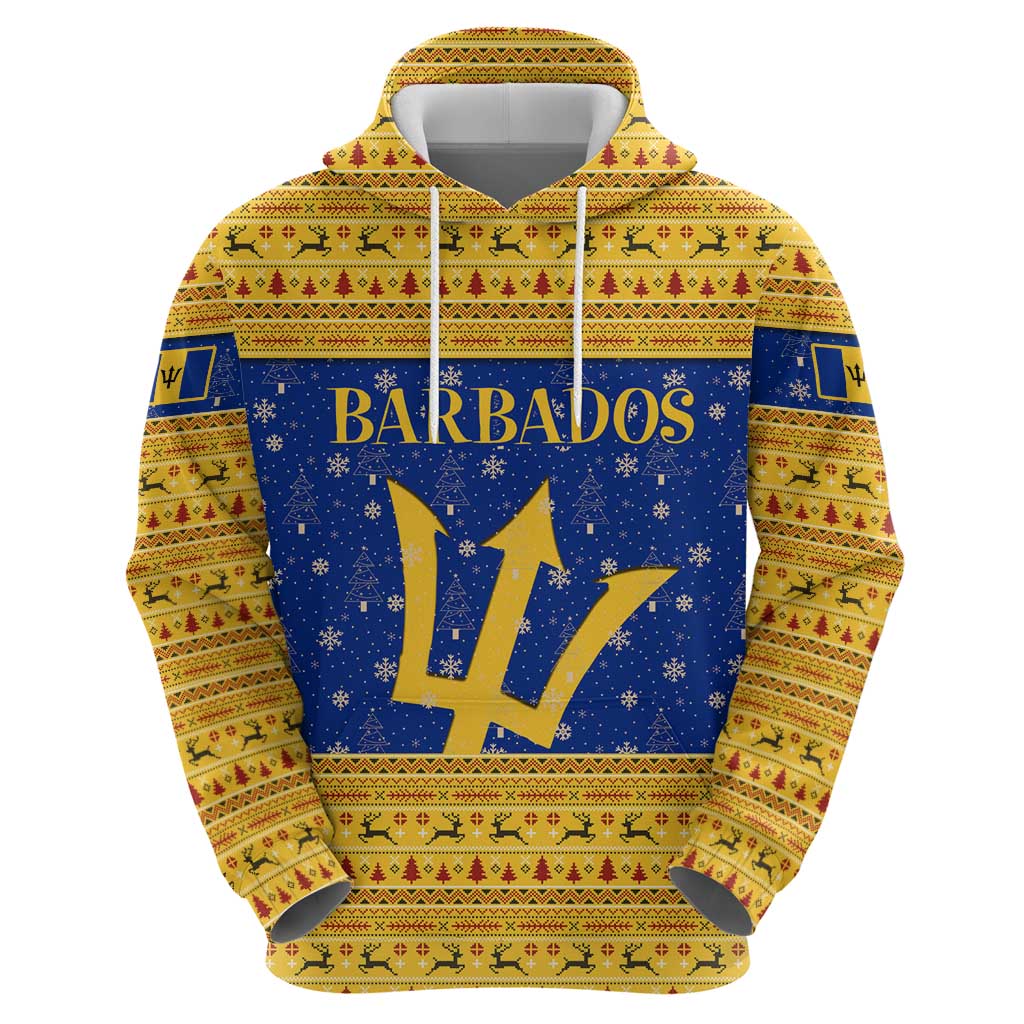 Barbados Christmas Hoodie with Blue Yellow Xmas Trident Santa and Reindeer TS04