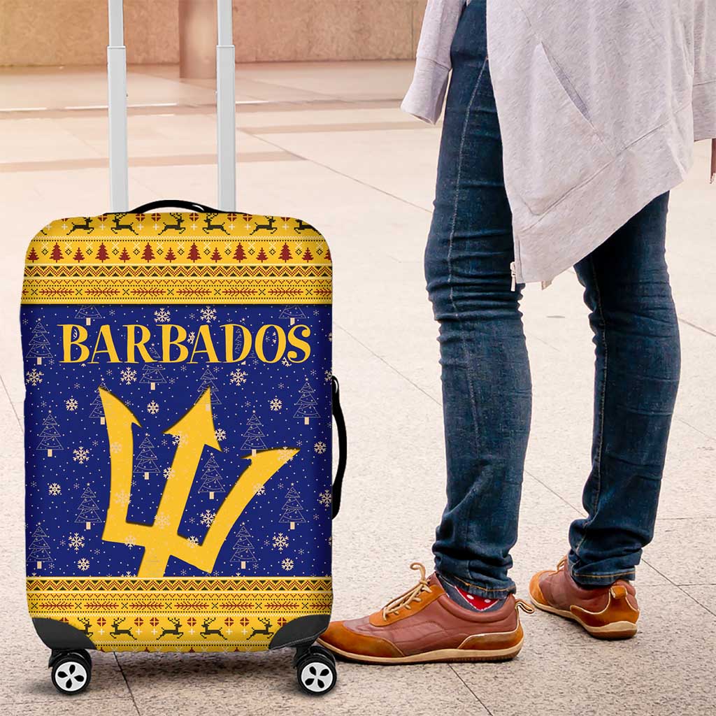 Barbados Christmas Luggage Cover with Blue Yellow Xmas Trident Santa and Reindeer TS04