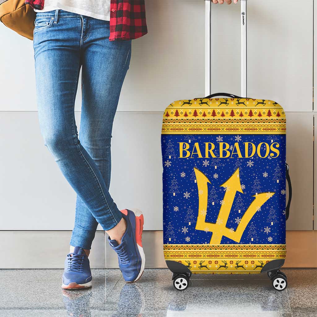 Barbados Christmas Luggage Cover with Blue Yellow Xmas Trident Santa and Reindeer TS04