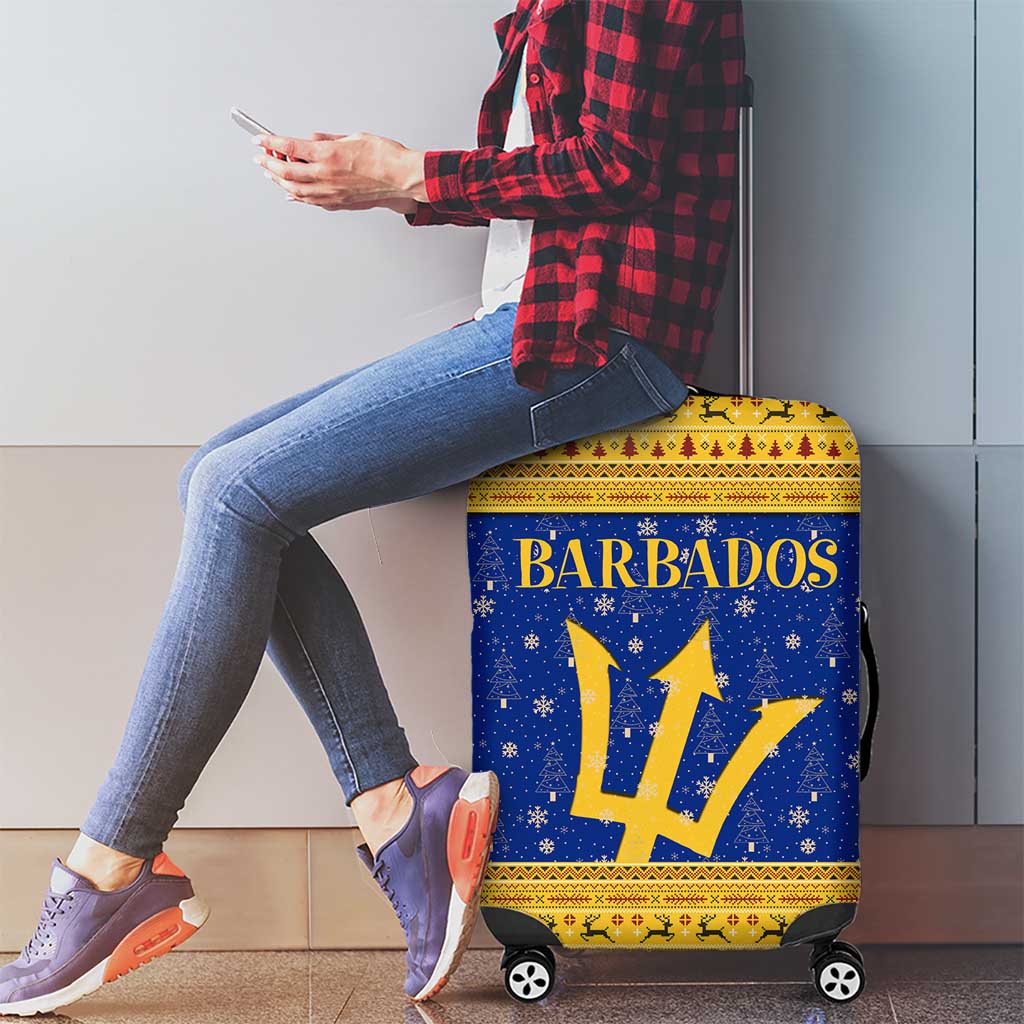 Barbados Christmas Luggage Cover with Blue Yellow Xmas Trident Santa and Reindeer TS04